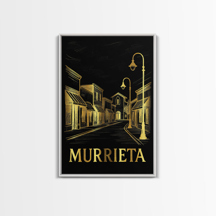 Murrieta Travel Poster, Framed Canvas Print, Gold Sketch Wall Art, Murrieta Poster Print, Mid Century Wall Art, Watercolor Downtown Skyline