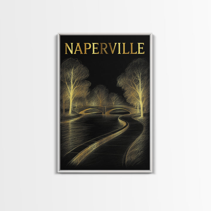 Naperville Illinois Travel Poster, Framed Canvas Print, Elegant Gold City Art, Naperville Art Print, Gift For Travelers, Travel Poster Set