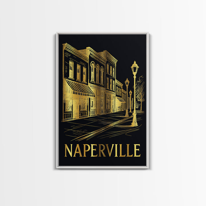 Naperville Travel Poster, Canvas Print, Elegant Gold City Art, Naperville City Art, City Art Print, Watercolor Skyline, City Illustration