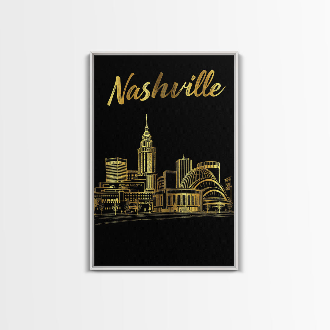 Nashville Travel Poster, Framed Canvas Print, Elegant Gold City Art, Nashville Wall Art, Modern Wall Decor, City Illustration, Wall Art