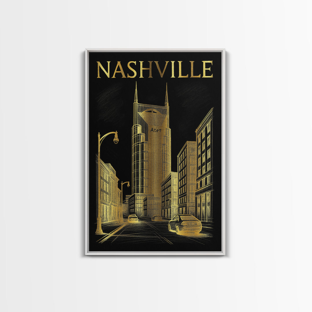 Nashville Travel Poster, Canvas Print, Dark Background Poster Art, Nashville City Art, Wanderlust Decor, Living Room Wall Art, Design 3