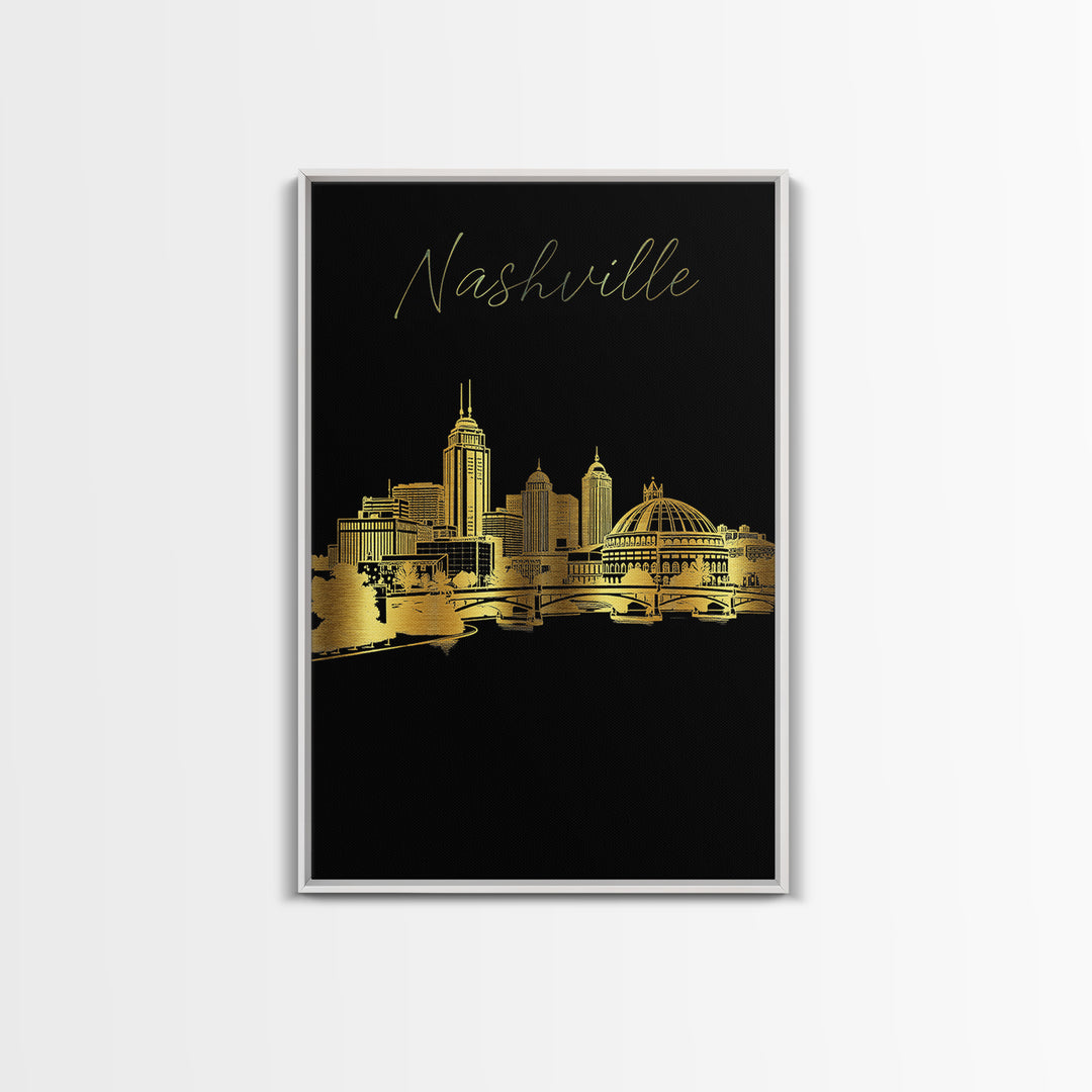 Nashville Travel Poster, Framed Canvas Print, Black And Gold Line Art, Nashville Travel Art, Travel Art Print, Watercolor Downtown Skyline