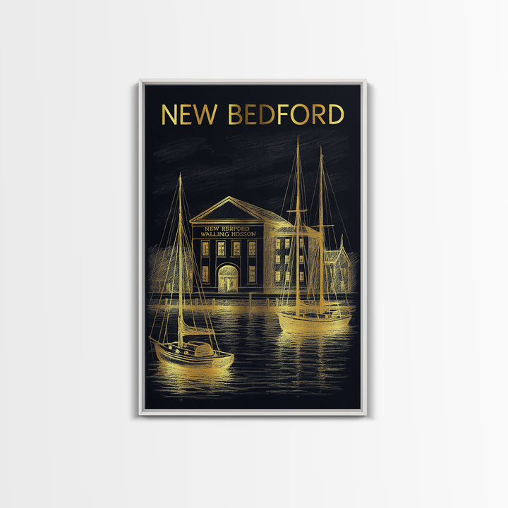 New Bedford Massachusetts Travel Poster, Canvas Print, Gold Sketch Wall Art, New Bedford City Art, Poster Art, Wanderlust Decor