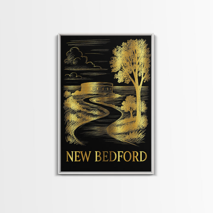 New Bedford Travel Poster, Framed Canvas Print, Elegant Gold City Art, New Bedford Wall Art, City Travel Prints, Gift For Travelers