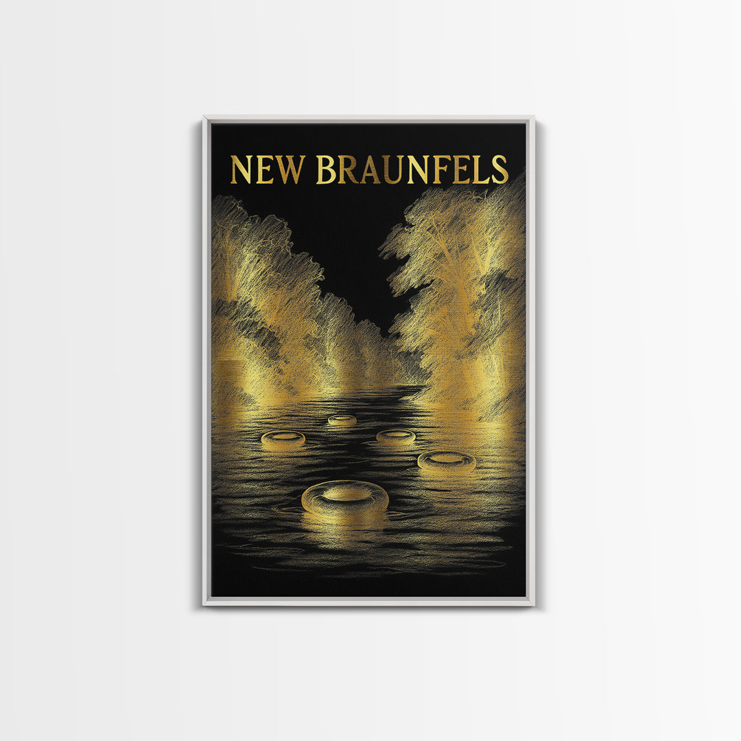 New Braunfels Texas Travel Poster, Canvas Print, Black And Gold Line Art, New Braunfels Art Print, Mid Century Wall Art, Vintage City Art