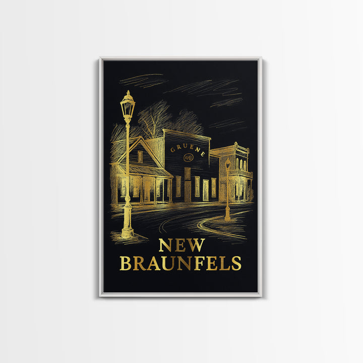 New Braunfels Travel Poster, Framed Canvas Print, Gold Sketch Wall Art, New Braunfels Wall Art, Gift For Travelers, Vintage City Poster