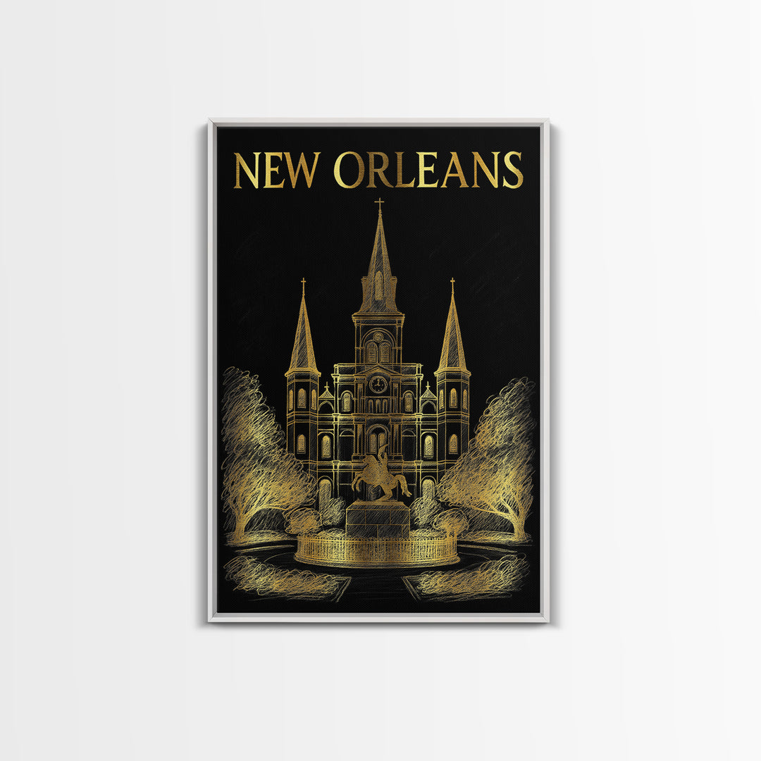 New Orleans Louisiana Travel Poster, Canvas Print, Elegant Gold City Art, New Orleans Poster Print, City Illustration, Home Office Decor