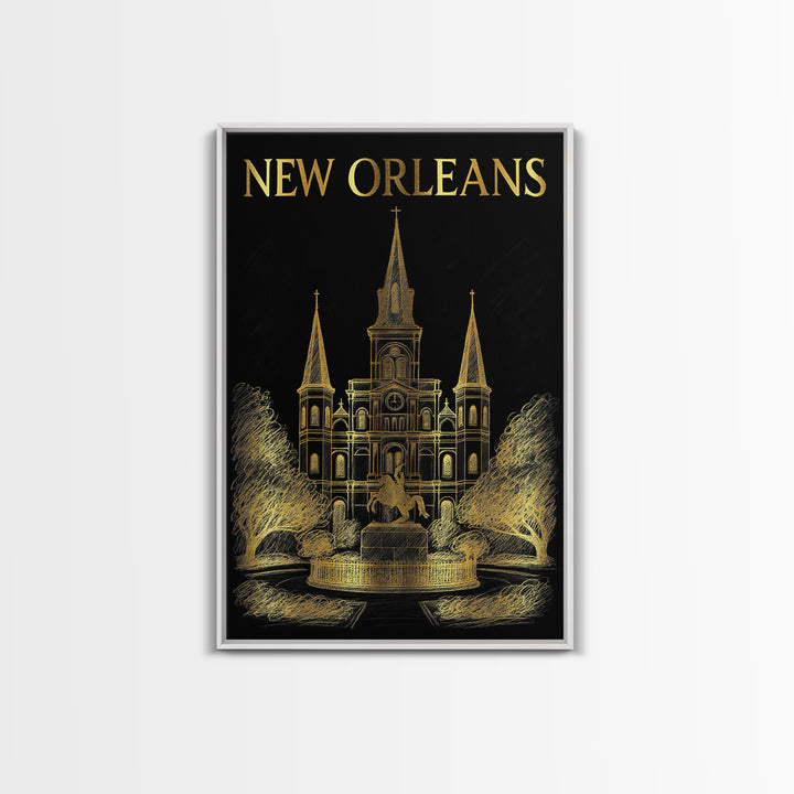 New Orleans Louisiana Travel Poster, Canvas Print, Elegant Gold City Art, New Orleans Poster Print, City Illustration, Home Office Decor