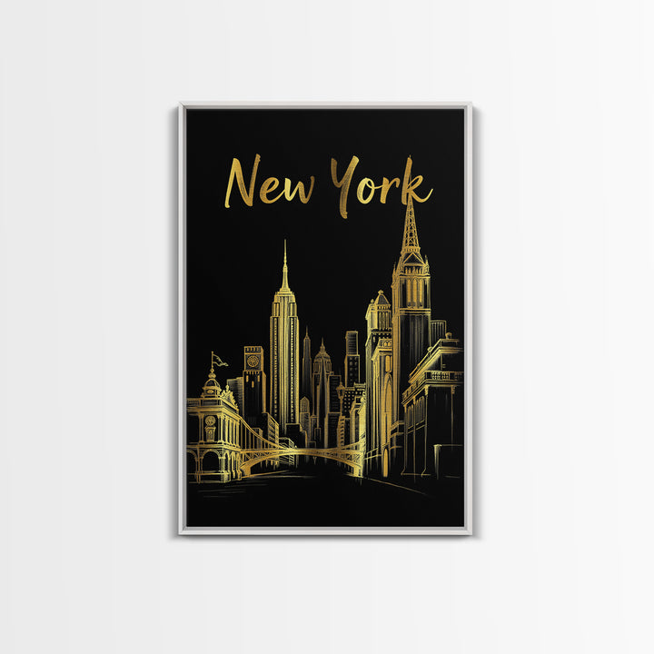 New York Travel Poster, Framed Canvas Print, Elegant Gold City Art, New York Art Print, City Art Print, City Travel Prints, Travel Decor