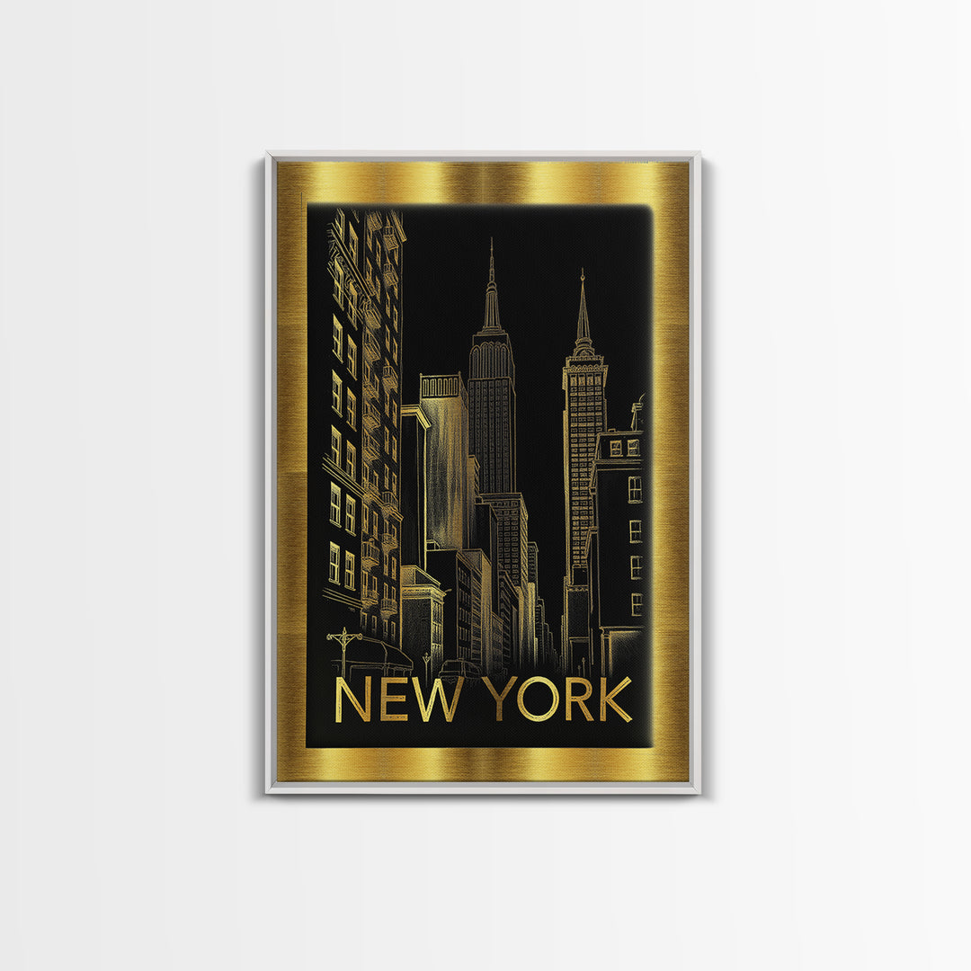 New York Travel Poster, Canvas Print, Black And Gold Line Art, New York Travel Art, City Travel Prints, Travel Poster Set, Travel Wall Art