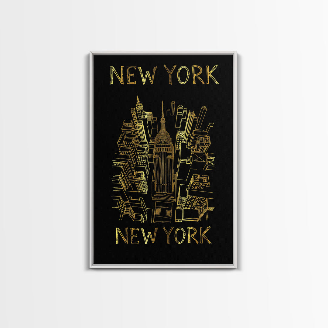New York Travel Poster, Canvas Print, Black And Gold Line Art, New York City Art, Vintage Travel Art, Mid Century Wall Art, City Art Print