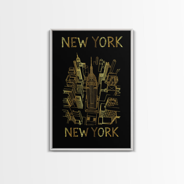 New York Travel Poster, Canvas Print, Black And Gold Line Art, New York City Art, Vintage Travel Art, Mid Century Wall Art, City Art Print