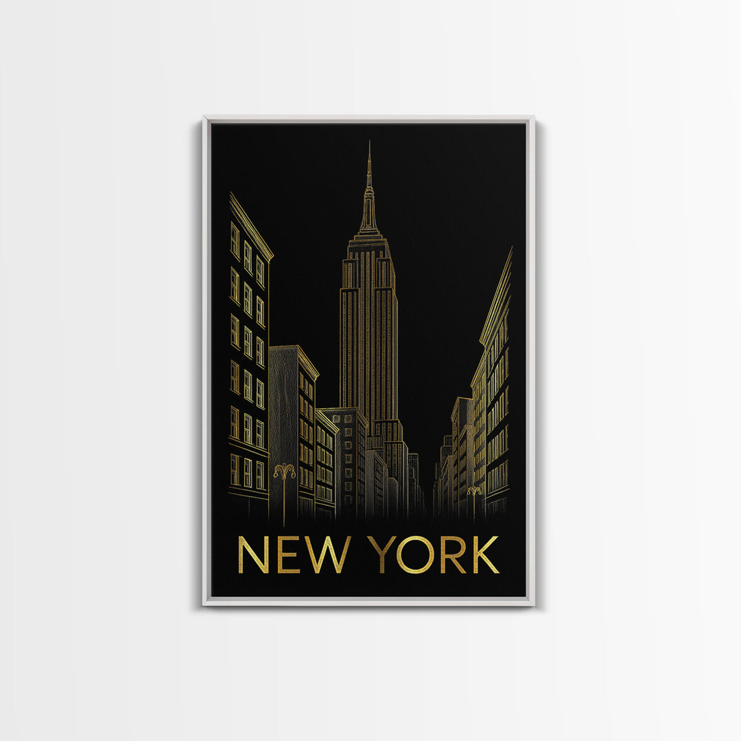 New York Travel Poster, Framed Canvas Print, Black And Gold Line Art, New York Art Print, Fine Art Print, Home Office Decor, Travel Gift