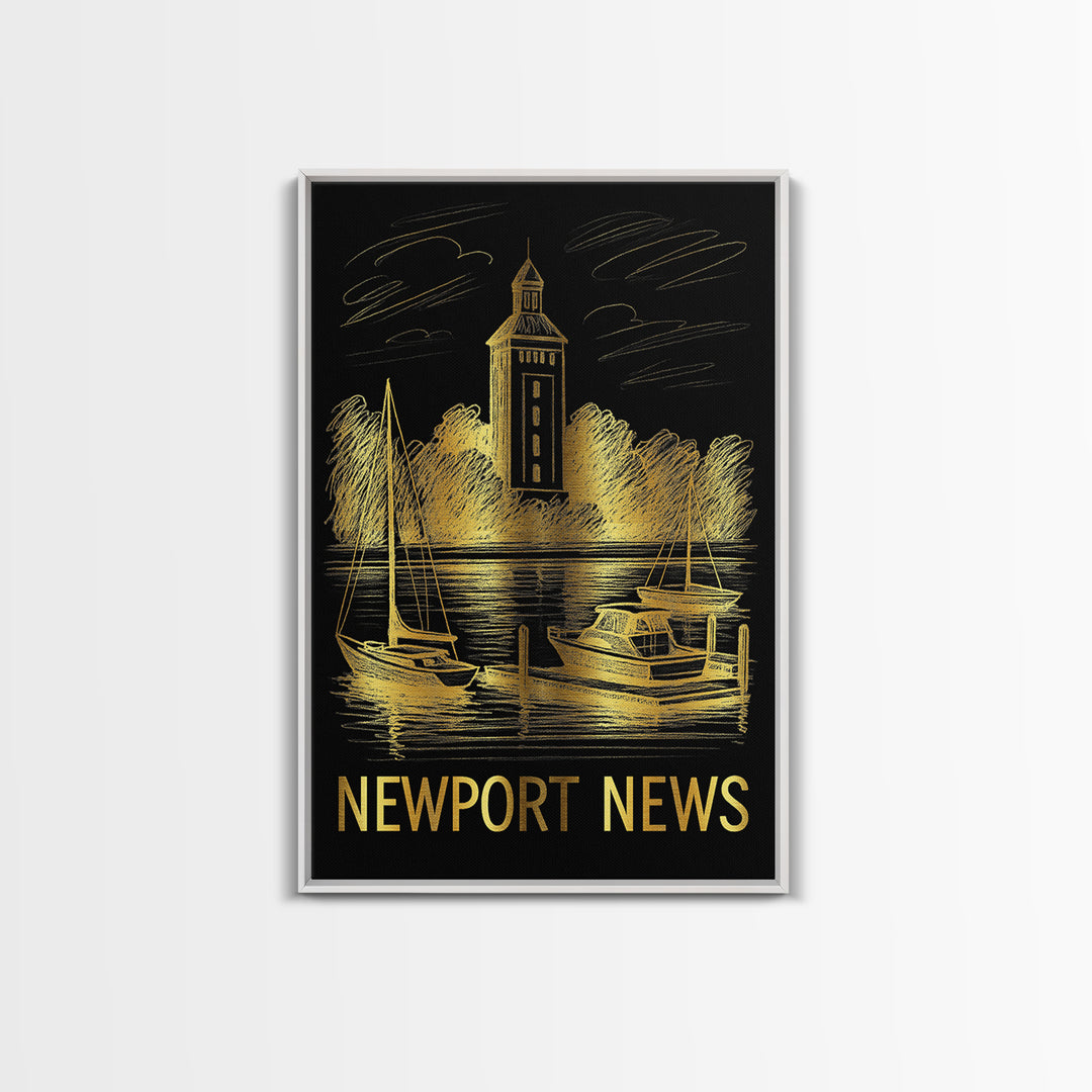 Newport News Travel Poster, Canvas Print, Elegant Gold City Art, Newport News City Art, Travel Wall Decor, City Illustration, Design 2