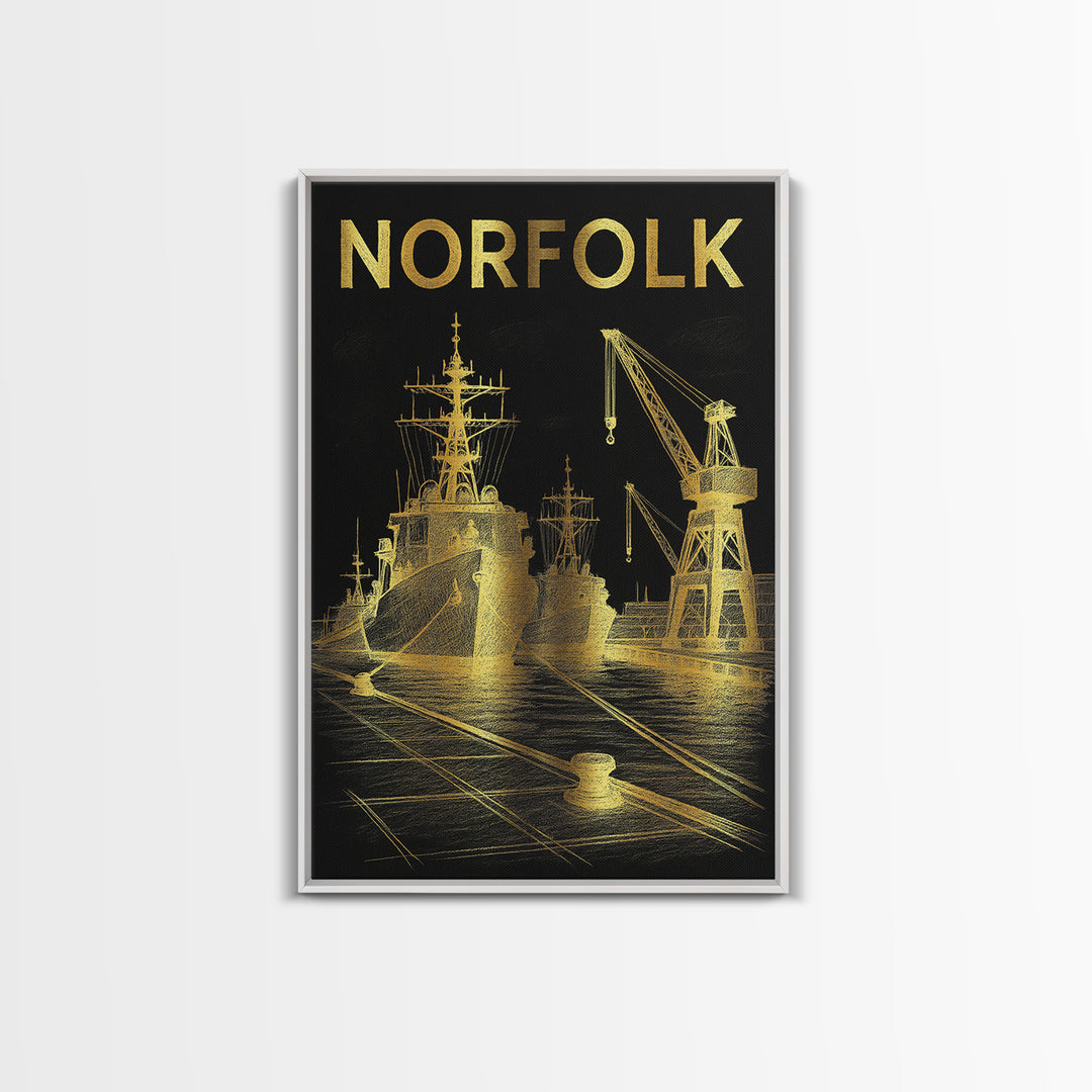 Norfolk Virginia Travel Poster, Framed Canvas Print, Elegant Gold City Art, Norfolk Poster Print, Travel Poster Set, Vintage Travel Art
