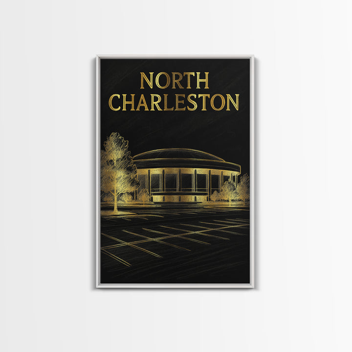 North Charleston Travel Poster, Framed Canvas Print, Black And Gold Line Art, North Charleston Travel Art, Vintage City Art, Poster Art