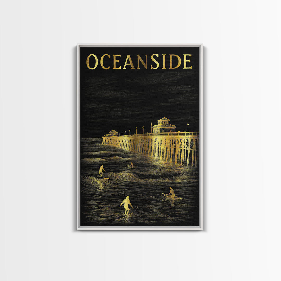 Oceanside California Travel Poster, Canvas Print, Elegant Gold City Art, Oceanside Poster Print, Travel Poster Art, Vintage Travel Art