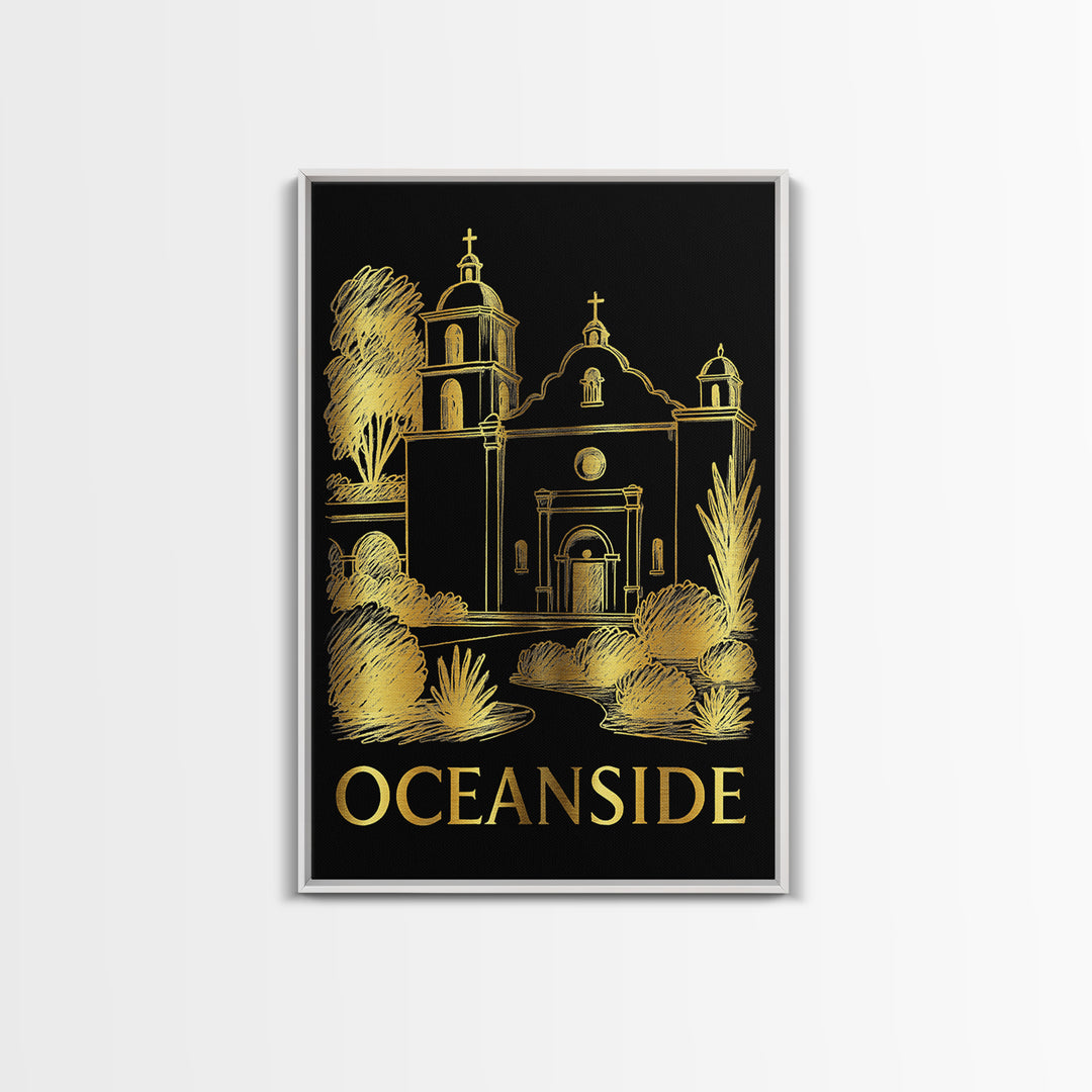 Oceanside Travel Poster, Framed Canvas Print, Black And Gold Line Art, Oceanside Travel Art, Fine Art Print, Eclectic Wall Decor