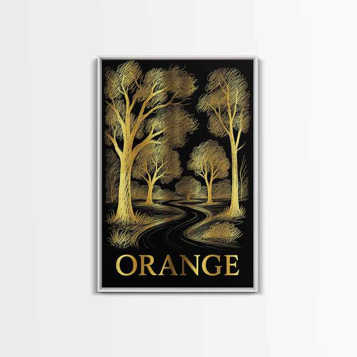 Orange Travel Poster, Canvas Print, Gold Sketch Wall Art, Orange Travel Art, Vintage City Art, Travel Art Print, Living Room Wall Art