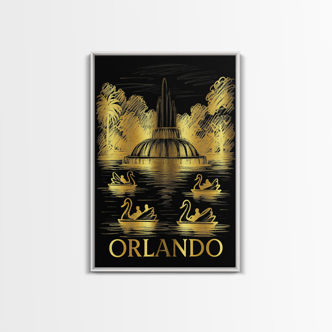Orlando Travel Poster, Framed Canvas Print, Black And Gold Line Art, Orlando Art Print, Vintage City Poster, City Art Print, Art Print