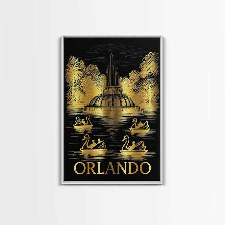 Orlando Travel Poster, Framed Canvas Print, Black And Gold Line Art, Orlando Art Print, Vintage City Poster, City Art Print, Art Print