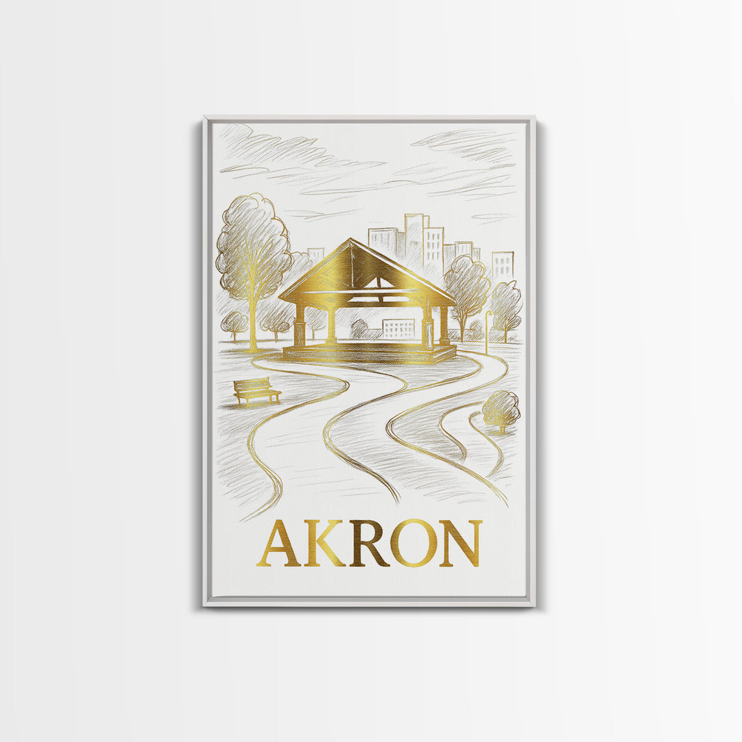 Akron Travel Poster, Framed Canvas Print, Gold Line Drawing Wall Art, Akron City Art, Living Room Wall Art, Travel Wall Decor, Design 2