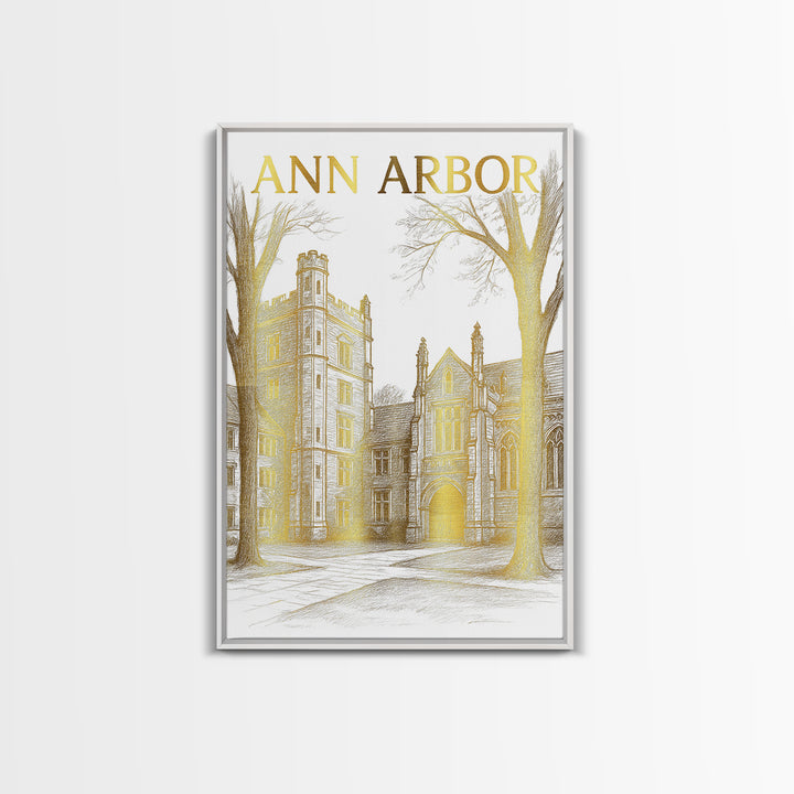 Ann Arbor Michigan Travel Poster, Canvas Print, Gold Line Drawing Wall Art, Ann Arbor Travel Art, Mid Century Wall Art, Travel Wall Decor
