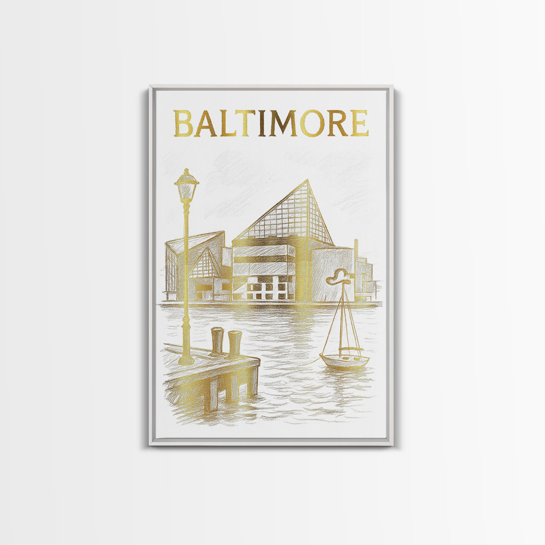 Baltimore Maryland Travel Poster, Framed Canvas Print, White And Gold Sketch Art, Baltimore Art Print, Travel Wall Decor, City Art Print