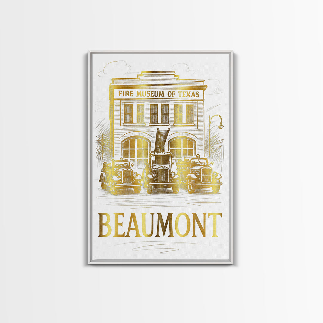 Beaumont Travel Poster, Framed Canvas Print, Gold Line Drawing Wall Art, Beaumont City Art, Home Office Decor, City Travel Prints