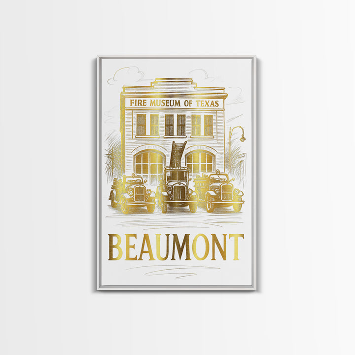 Beaumont Travel Poster, Framed Canvas Print, Gold Line Drawing Wall Art, Beaumont City Art, Home Office Decor, City Travel Prints