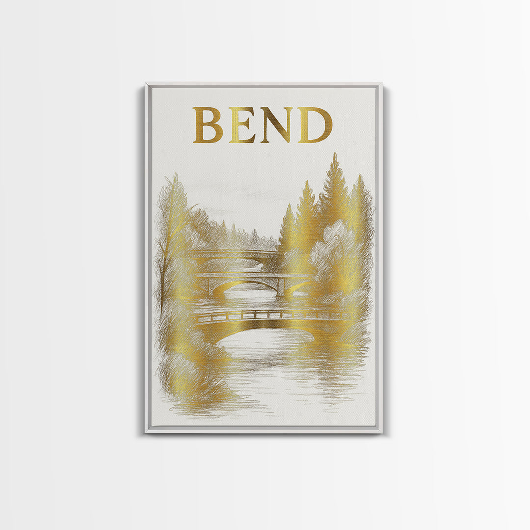 Bend Oregon Travel Poster, Canvas Print, White And Gold Sketch Art, Bend Art Print, Vintage City Poster, City Art Print, Fine Art Print