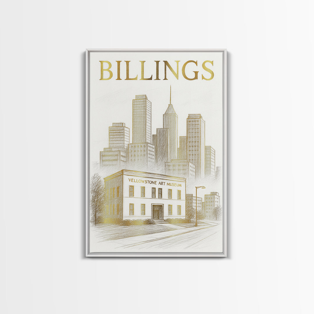 Billings Montana Travel Poster, Framed Canvas Print, Gold Line Drawing Wall Art, Billings Art Print, Travel Wall Art, Travel Wall Decor