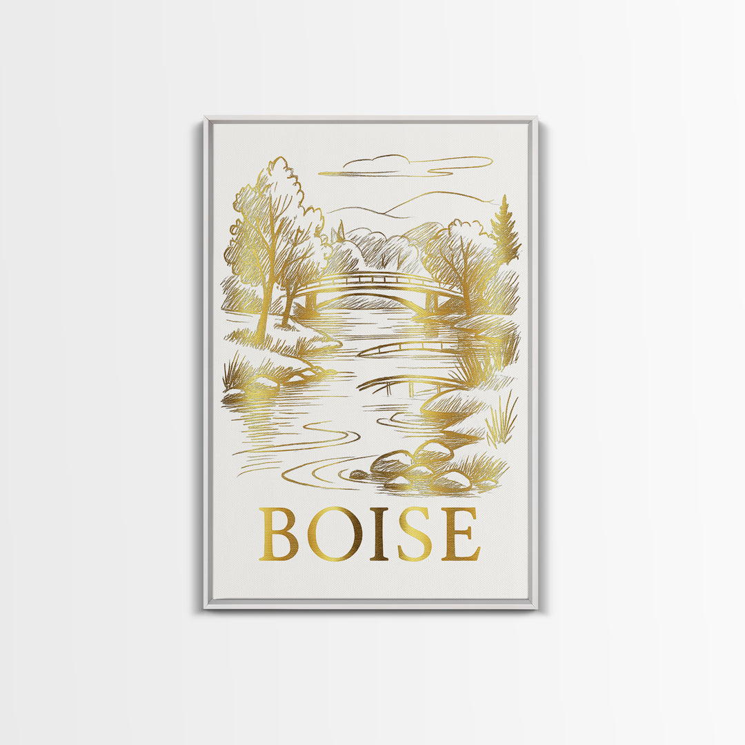 Boise Travel Poster, Canvas Print, White And Gold Sketch Art, Boise Wall Art, Eclectic Wall Decor, Wanderlust Decor, Travel Wall Art