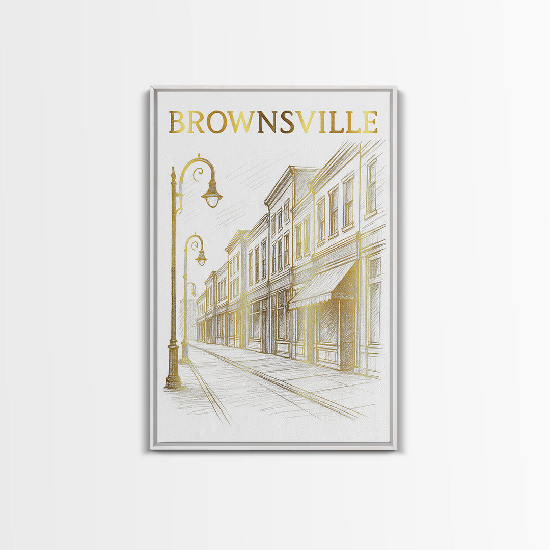 Brownsville Texas Travel Poster, Canvas Print, Gold Line Drawing Wall Art, Brownsville Wall Art, Eclectic Wall Decor, City Art Print