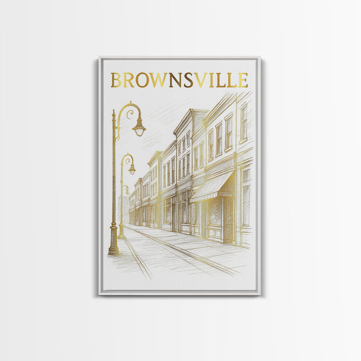 Brownsville Texas Travel Poster, Canvas Print, Gold Line Drawing Wall Art, Brownsville Wall Art, Eclectic Wall Decor, City Art Print