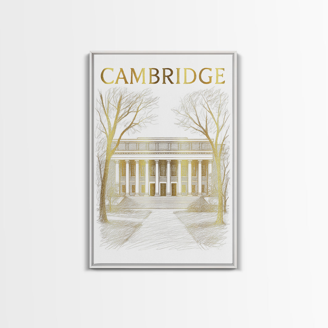 Cambridge Massachusetts Travel Poster, Canvas Print, Gold Line Drawing Wall Art, Cambridge City Art, Travel Art Print, Vintage City Art