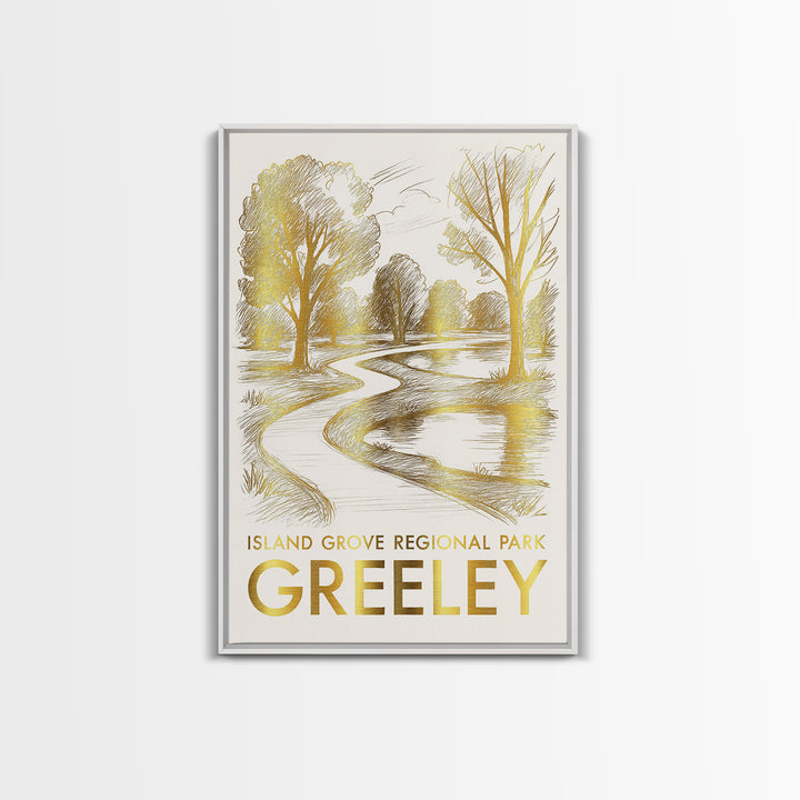 Greeley Travel Poster, Canvas Print, Gold Line Drawing Wall Art, Greeley Poster Print, Vintage Travel Art, Vintage City Poster