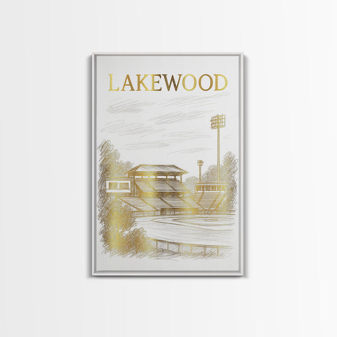 Lakewood Travel Poster, Framed Canvas Print, White And Gold Sketch Art, Lakewood Wall Art, Home Office Decor, Mid Century Wall Art