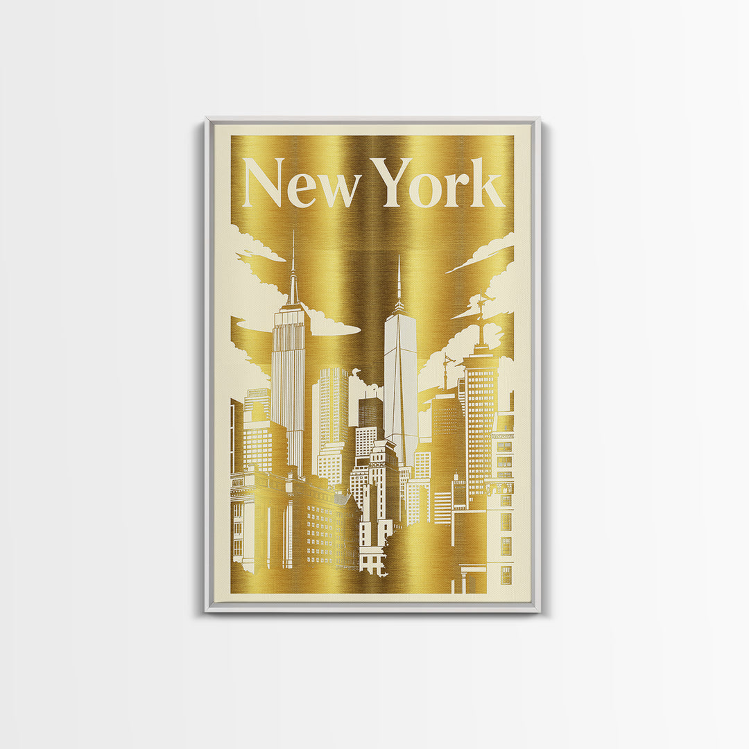 New York Travel Poster, Canvas Print, White And Gold Sketch Art, New York Wall Art, Vintage Travel Print, City Illustration, Poster Art