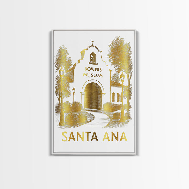 Santa Ana Travel Poster, Framed Canvas Print, White And Gold Sketch Art, Santa Ana Poster Print, Gift For Travelers, Vintage City Poster
