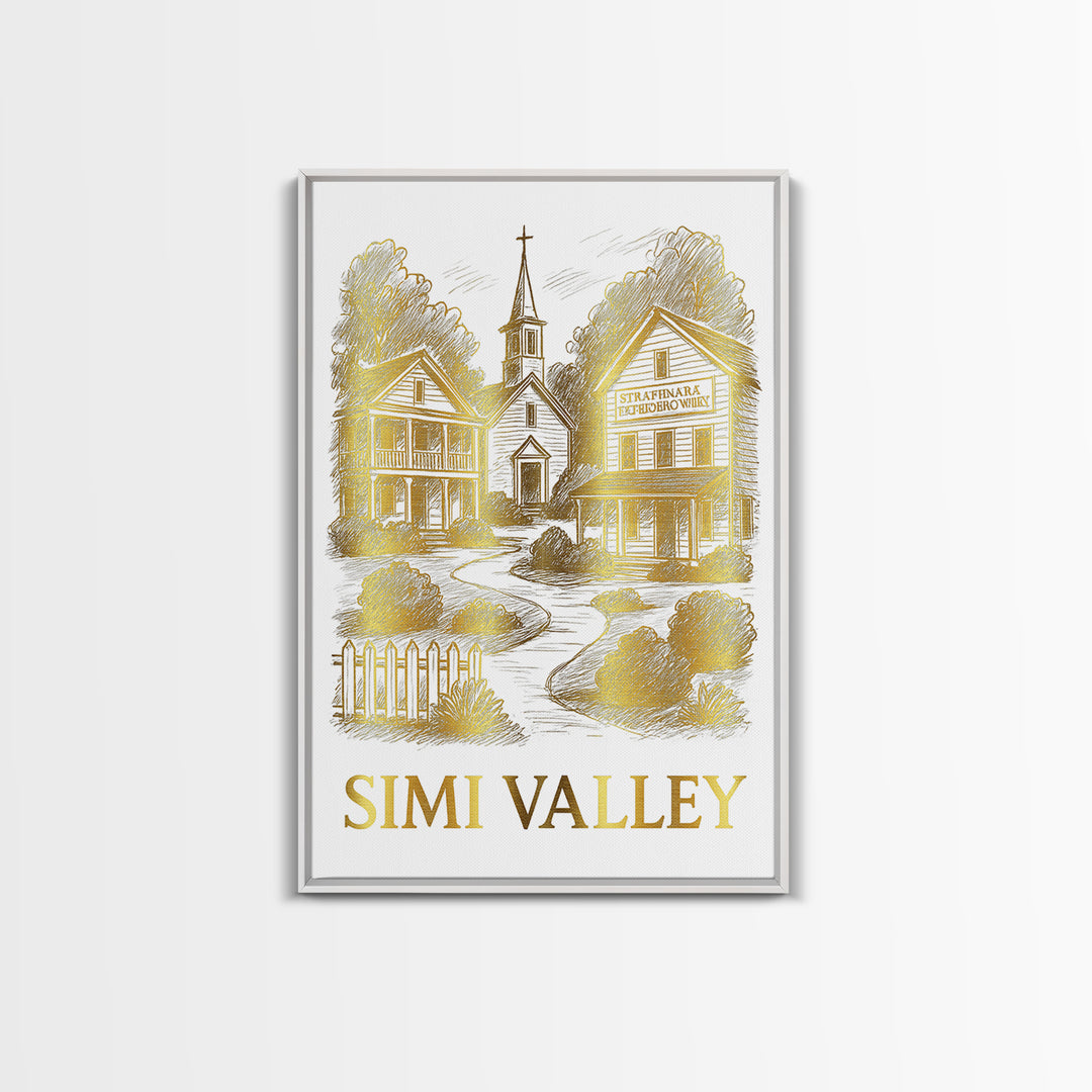 Simi Valley Travel Poster, Framed Canvas Print, White And Gold Sketch Art, Simi Valley Wall Art, Mid Century Wall Art, Retro Travel Print