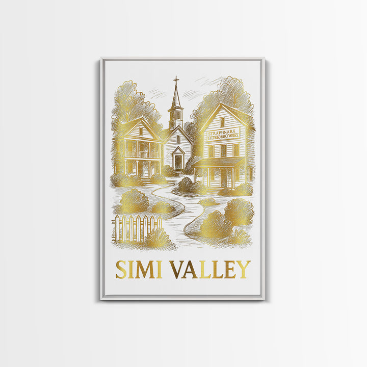 Simi Valley Travel Poster, Framed Canvas Print, White And Gold Sketch Art, Simi Valley Wall Art, Mid Century Wall Art, Retro Travel Print