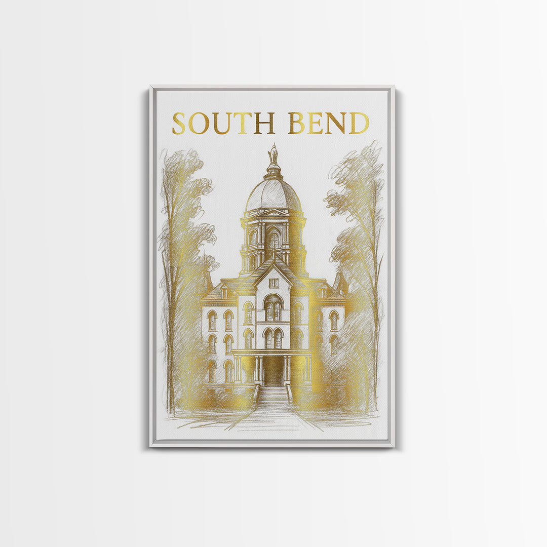 South Bend Indiana Travel Poster, Canvas Print, Gold Line Drawing Wall Art, South Bend City Art, Art Print, Watercolor Skyline, Design 1