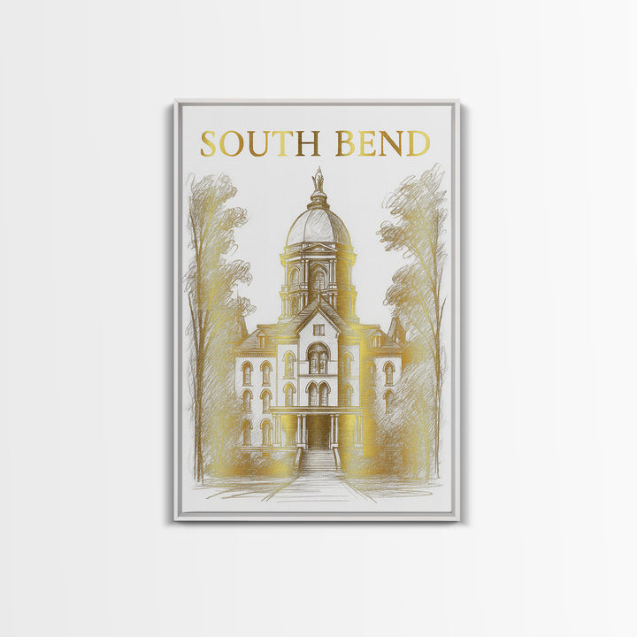 South Bend Indiana Travel Poster, Canvas Print, Gold Line Drawing Wall Art, South Bend City Art, Art Print, Watercolor Skyline, Design 1