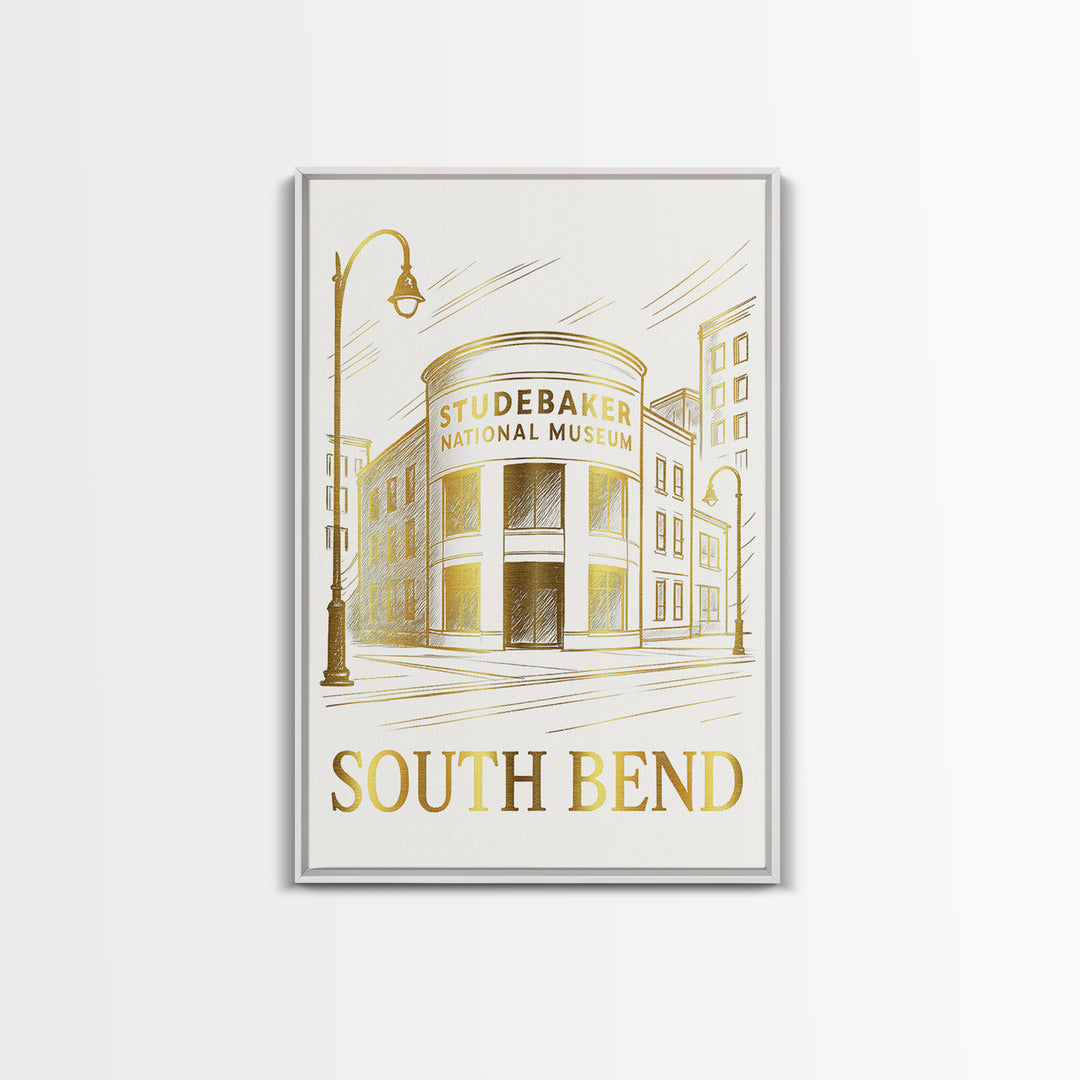 South Bend Travel Poster, Canvas Print, White And Gold Sketch Art, South Bend Wall Art, Modern Wall Decor, Eclectic Wall Decor