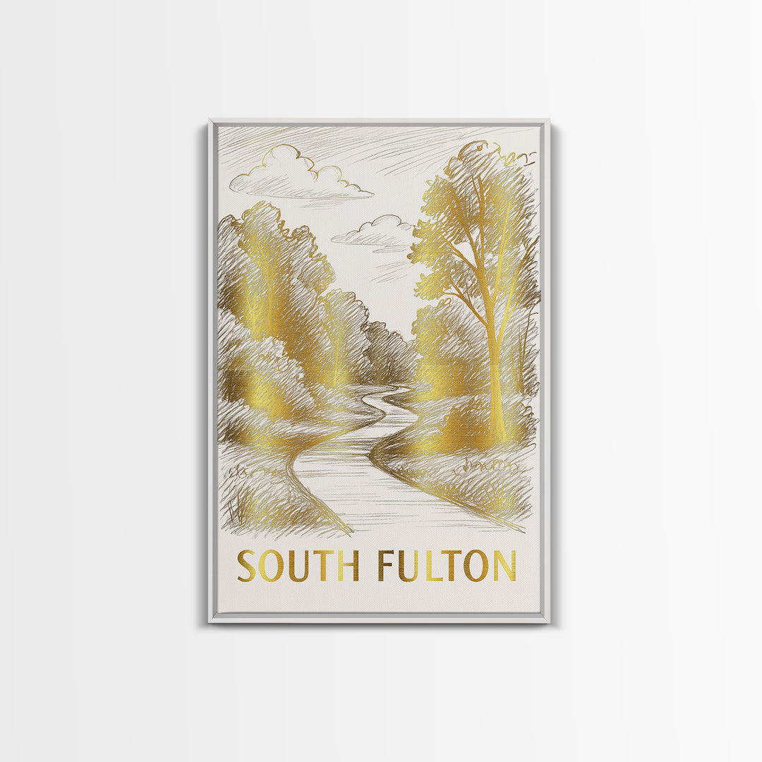 South Fulton Travel Poster, Canvas Print, Gold Line Drawing Wall Art, South Fulton Wall Art, Modern Wall Decor, Mid Century Wall Art
