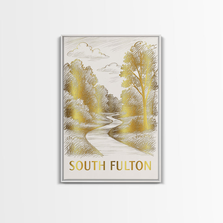 South Fulton Travel Poster, Canvas Print, Gold Line Drawing Wall Art, South Fulton Wall Art, Modern Wall Decor, Mid Century Wall Art