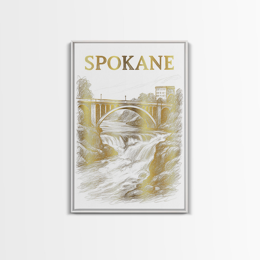 Spokane Washington Travel Poster, Canvas Print, Gold Line Drawing Wall Art, Spokane Travel Art, Retro Travel Print, Vintage Travel Art