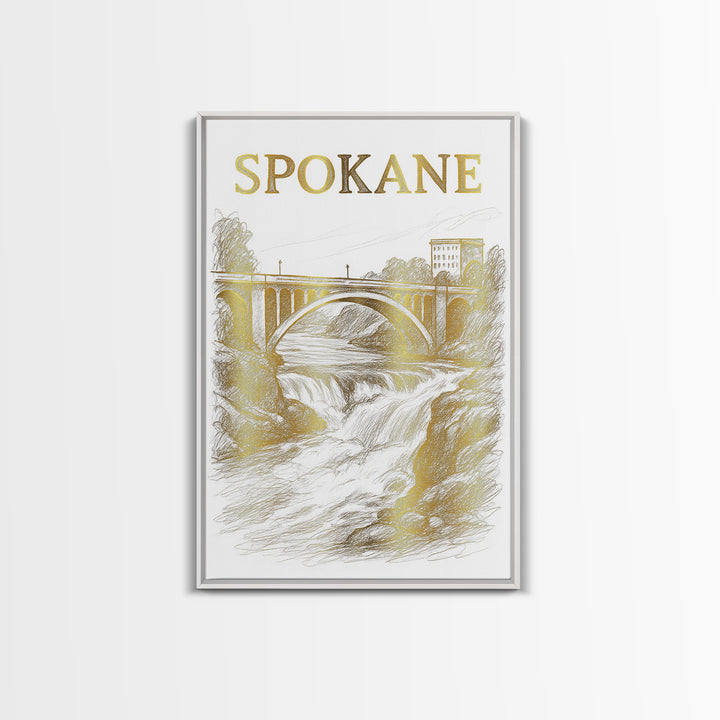 Spokane Washington Travel Poster, Canvas Print, Gold Line Drawing Wall Art, Spokane Travel Art, Retro Travel Print, Vintage Travel Art