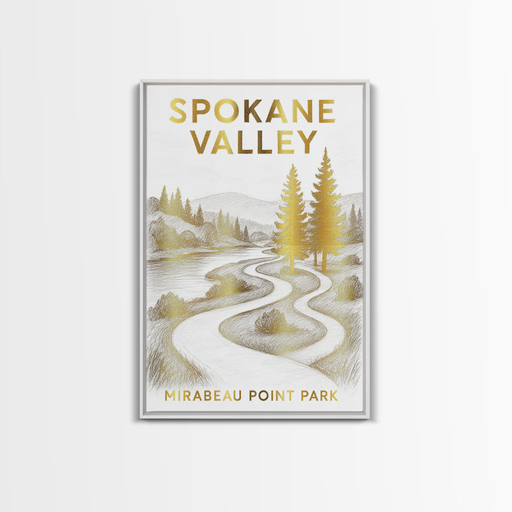Spokane Valley Washington Travel Poster, Canvas Print, White And Gold Sketch Art, Spokane Valley Art Print, Watercolor Skyline, Wall Art